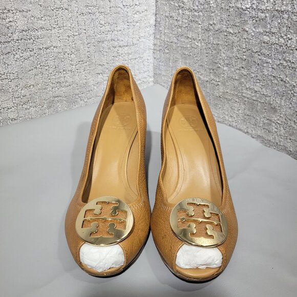 Tory Burch Sally Women's Size 11M US Brown Leather Wedge Peep Toe Pump Sandals - Picture 2 of 10